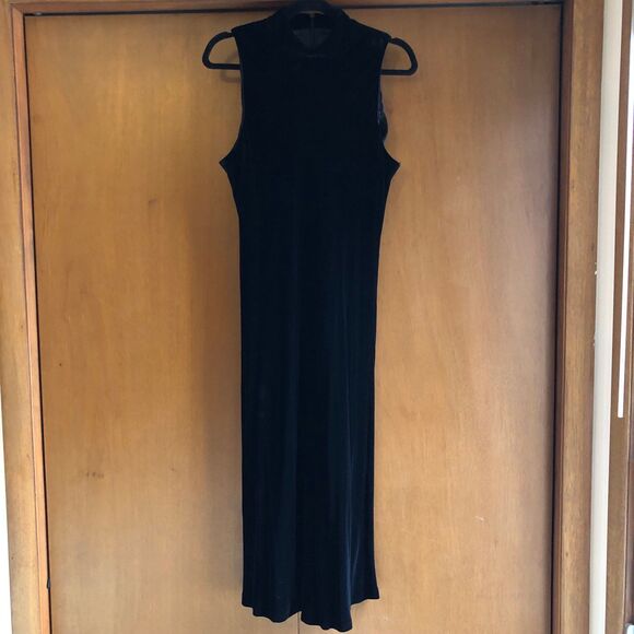 Vintage Ralph Lauren 90s Glam Black Velvet Midi Dress, High Neck, Lined Size 14 - Picture 2 of 8
